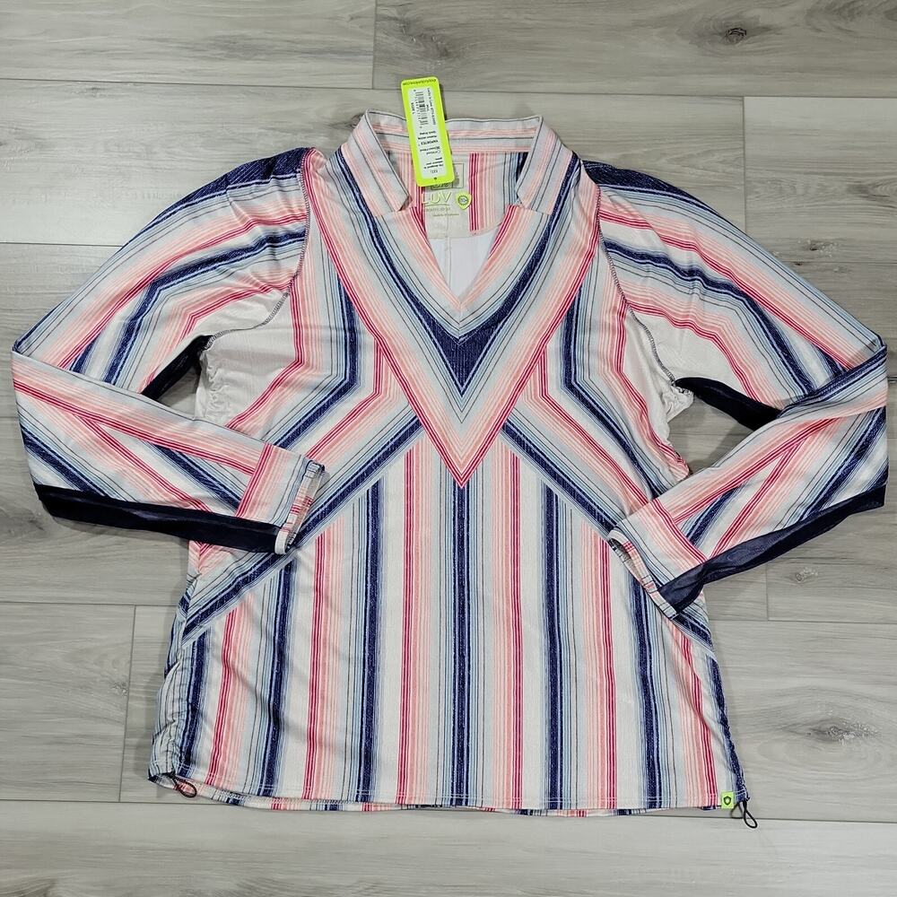 Lucky In Love All Womens Long Sleeve Golf Shirts V-Neck Multi Stripe Large New